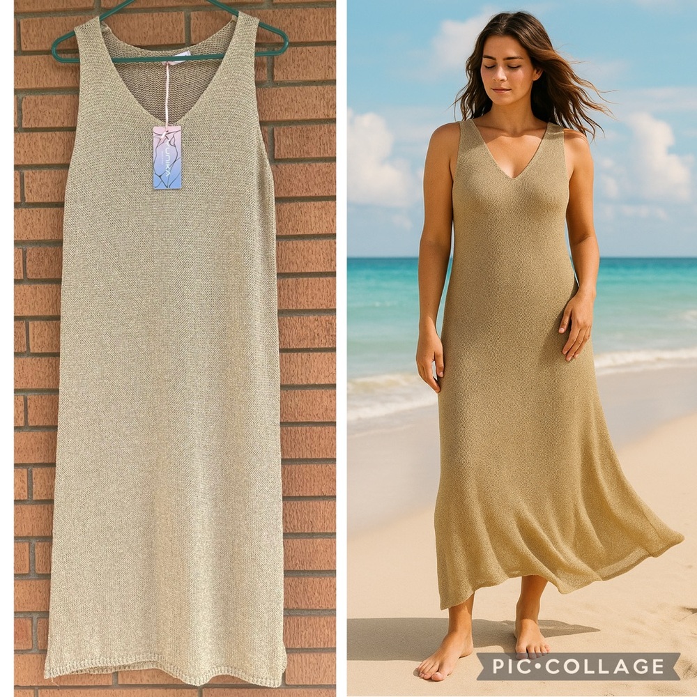 New NWT Yunika Gold Metallic Crochet Knit Beach Coverup Dress Midi Maxi